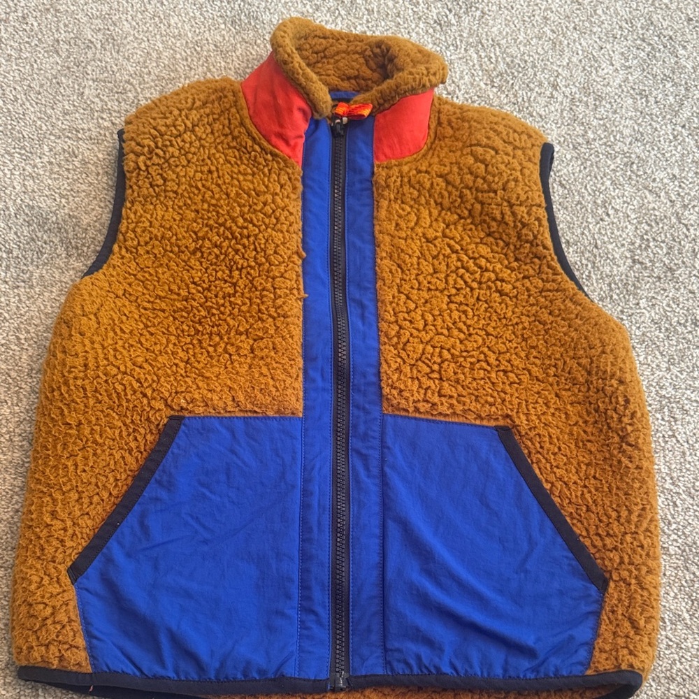 J. Crew Brown Sherpa Vest with Blue Trim